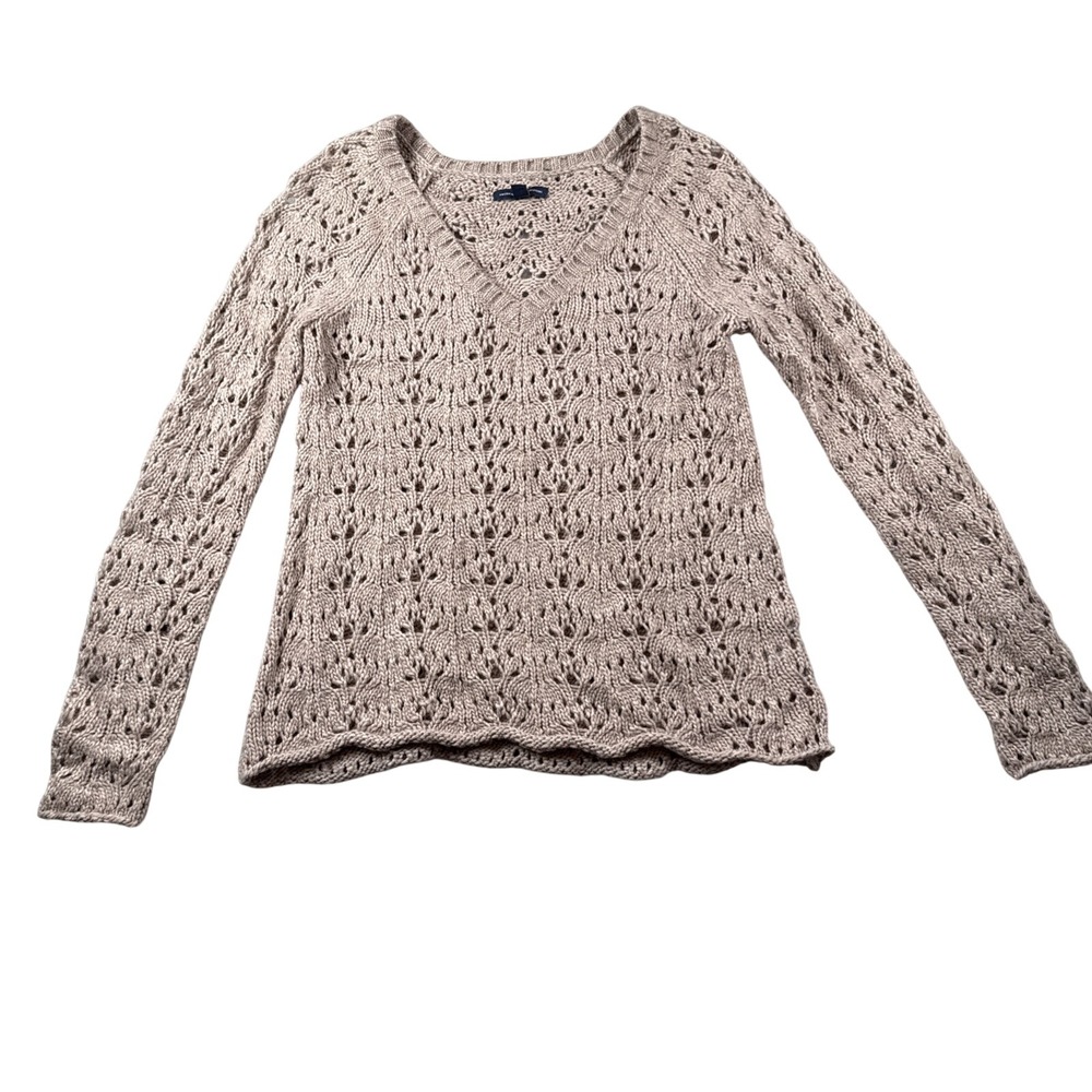 American Eagle‎ Sweater Womens S V Neck Loose Knit Wool Blend Crochet Neutral
